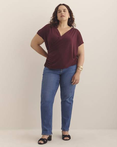 Overlap-Front Knit Top with Shirring at Side