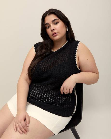 Sleeveless Cotton Sweater with Crochet Ribbed Bands