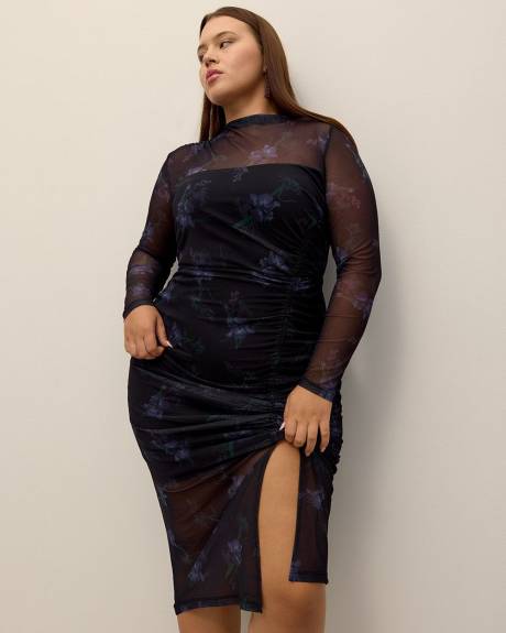 Robe mi-longue noire ajustée avec côté froncé - Addition Elle