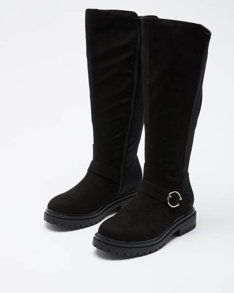 Bottes hautes à semelle crantée et boucle ronde, pied très large
