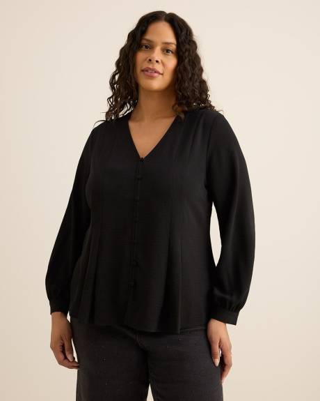 Long-Sleeve Flared Pleated Satin Blouse