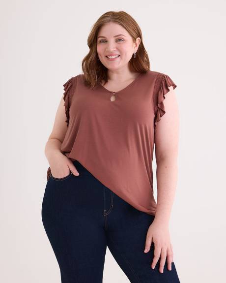 V-Neck Knit Top with Short Flutter Sleeves