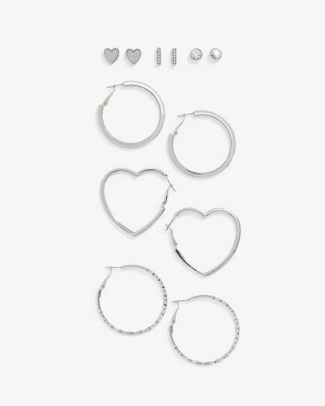 Boucles d'oreilles boutons et anneaux avec coeur, ens. de 6