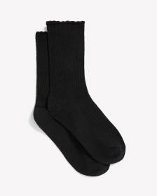 Black Textured Crew Socks with Scalloped Edge