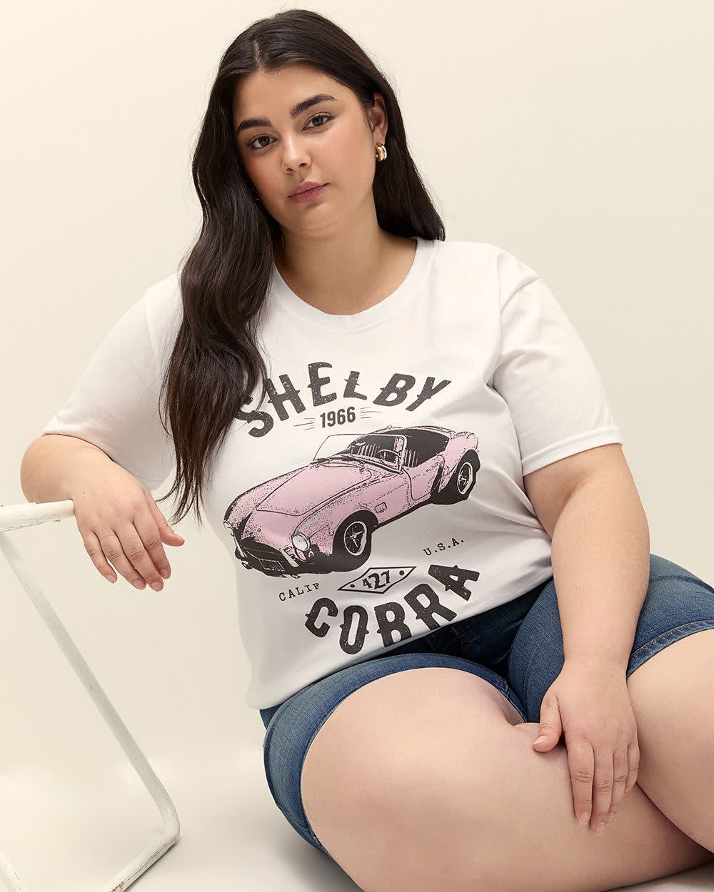 White Short-Sleeve Crewneck Tee with Shelby Cobra Print