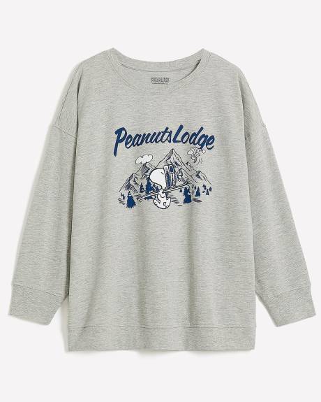 Pull gris chiné à col rond avec imprimé de Snoopy
