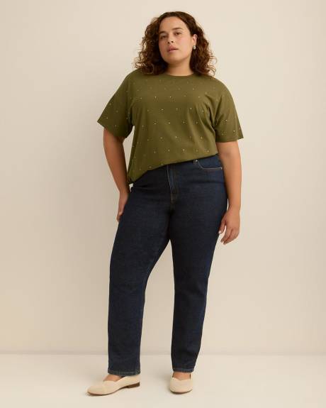 T-shirt col rond avec feuilles décoratives en strass