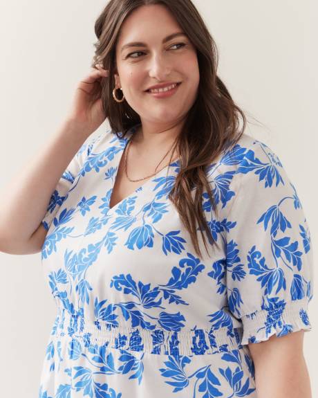 Robe imprimée feuille avec smocks, mélange de lin