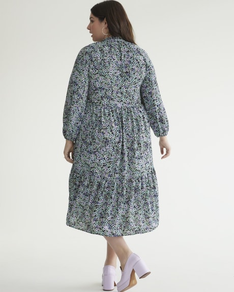 Printed Long-Sleeve Midi Tiered Dress