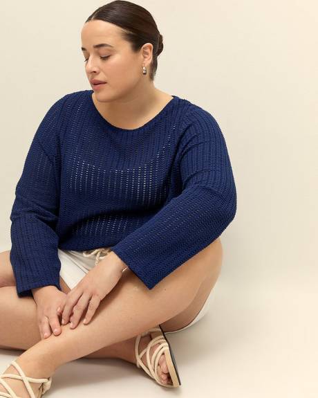 Long-Sleeve Crewneck Crochet Knit Top