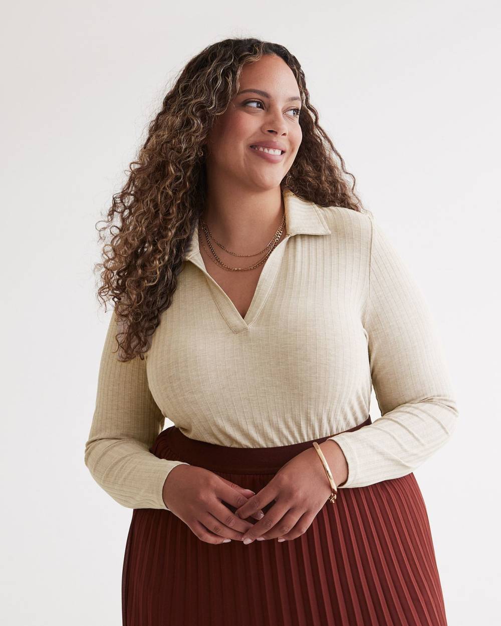 Ribbed Long-Sleeve Polo Knit Top | Penningtons