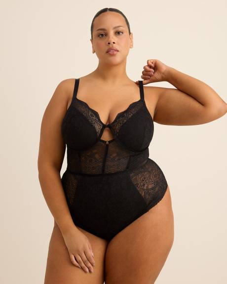 Maillot de corps cheeky noir en dentelle non doublé, avec armatures - Déesse Collection