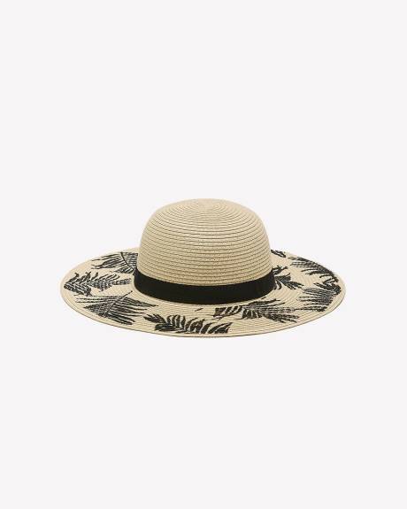 Straw Hat with Wide Leaf-Print Rim