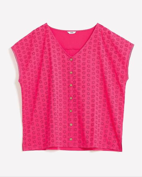 Pink Buttoned-Down Eyelet Knit Top