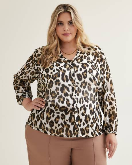Printed Buttoned Down Blouse with Long Balloon Sleeves