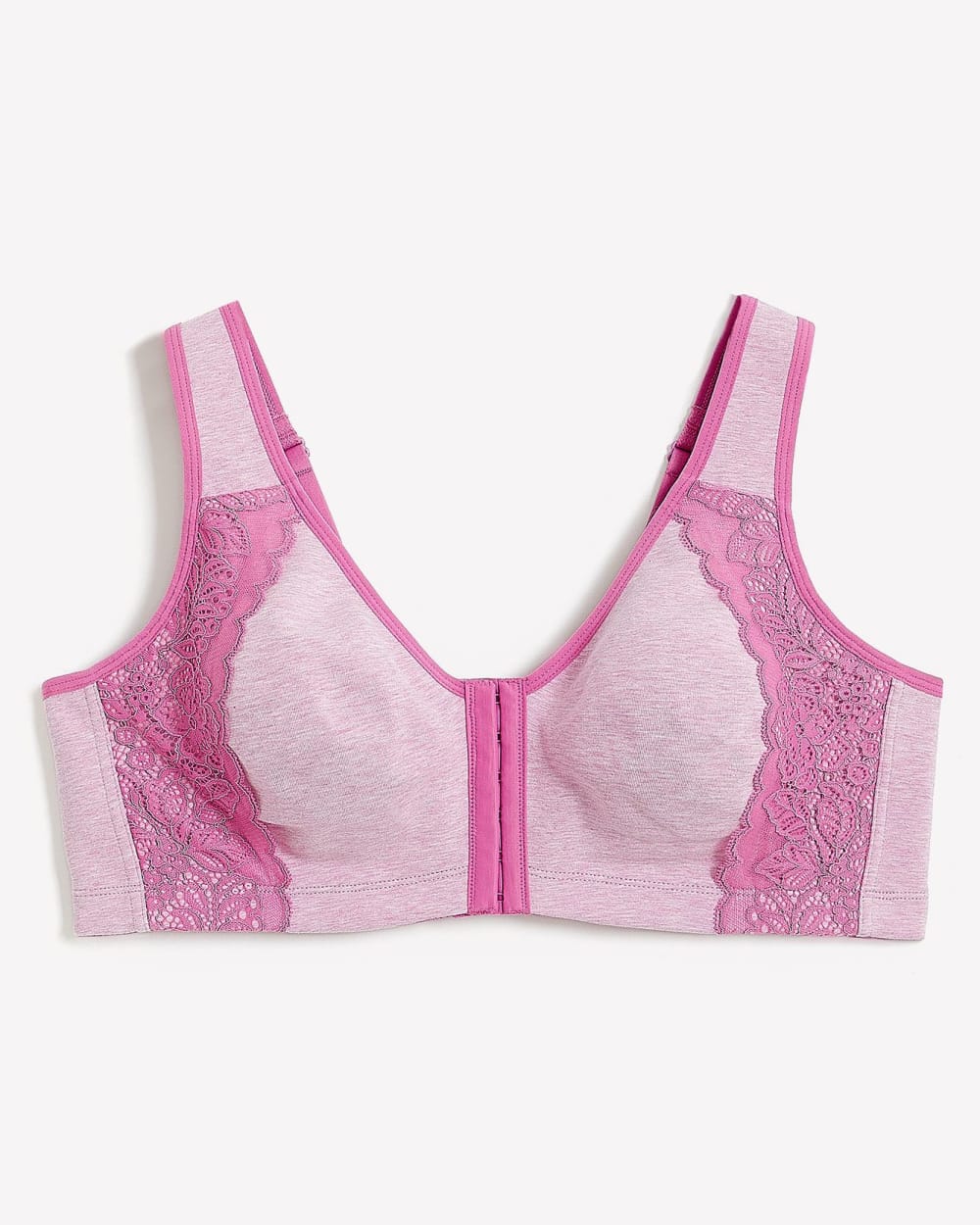 Front Closure Wireless Heather Cotton Bra with Lace Trims - ti