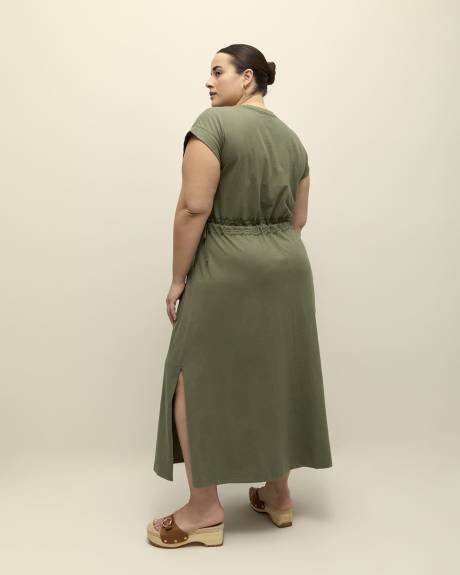 Maxi Dress with Embroidered Neckline and Tied Waistband