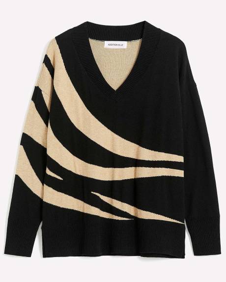 Pull en tricot jacquard avec col en V, coupe carrée - Addition Elle