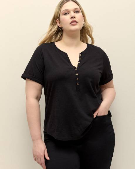 Short-Sleeve Henley Knit Top