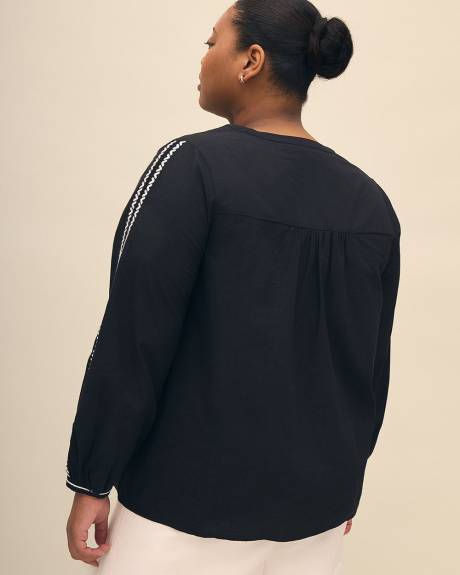 Long-Sleeve Split-Neck Blouse with Embroidery Detail