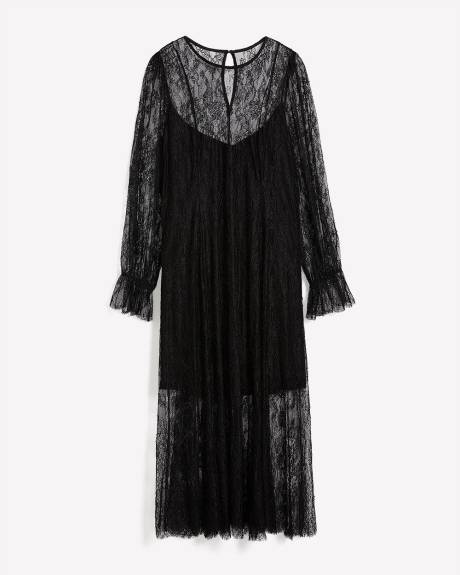 Robe mi-longue noire en dentelle diaphane avec manches bouffantes