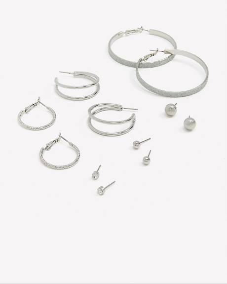 Assorted Hoop and Stud Earrings with Silver Paper Glitter, Set of 6