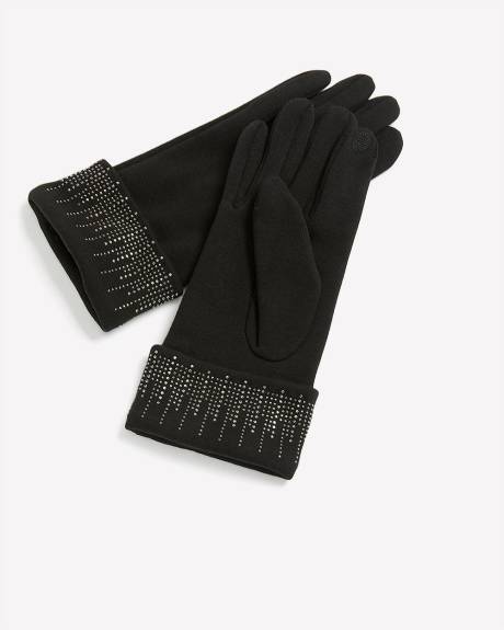 Gants en tricot noir avec ourlet replié orné de pierres scintillantes