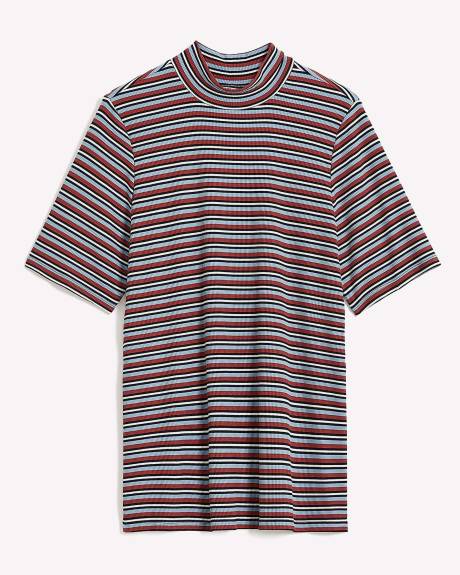 Ribbed Striped Elbow-Sleeve Fitted Knit Top