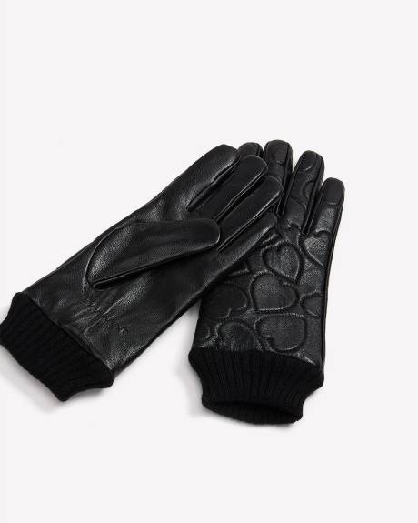 Black Heart-Textured Leather Gloves with Knit Cuffs