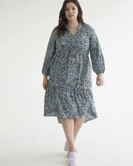 Printed Long-Sleeve Midi Tiered Dress