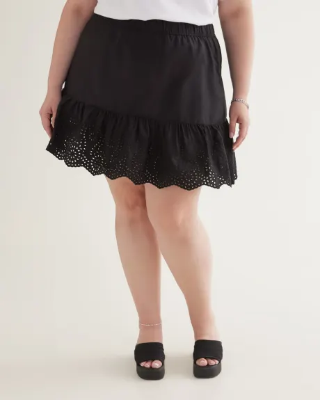 Black Cotton Embroidered Ruffled Pull-On Skirt
