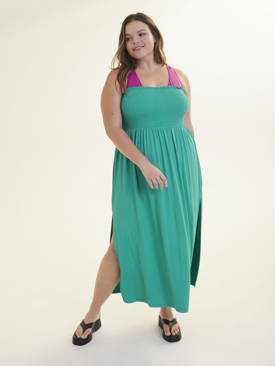 Maxi Cover-Up Swim Dress with Smocked Top
