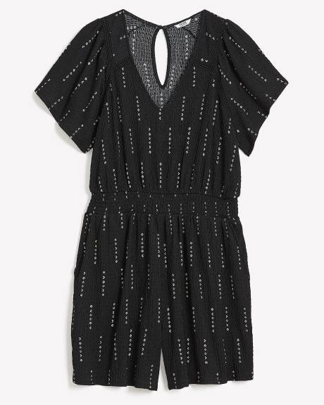 Smocked Waist Knit Romper with Crochet Details Penningtons