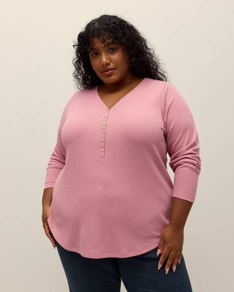 Long-Sleeve V-Neck Henley Knit Top
