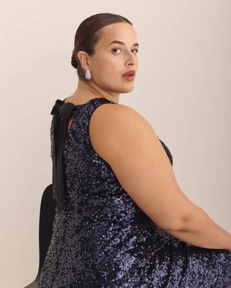 Flared Sequined Sleeveless Dress with Back Bow