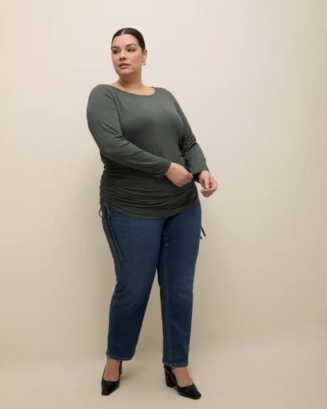 Boat-Neck Knit Top with Side Drawstrings