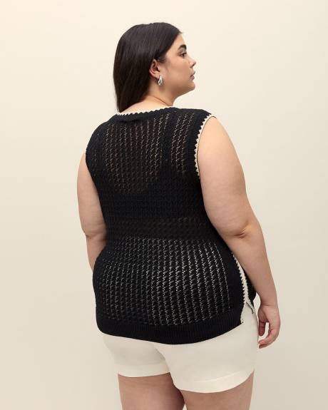 Sleeveless Cotton Sweater with Crochet Ribbed Bands