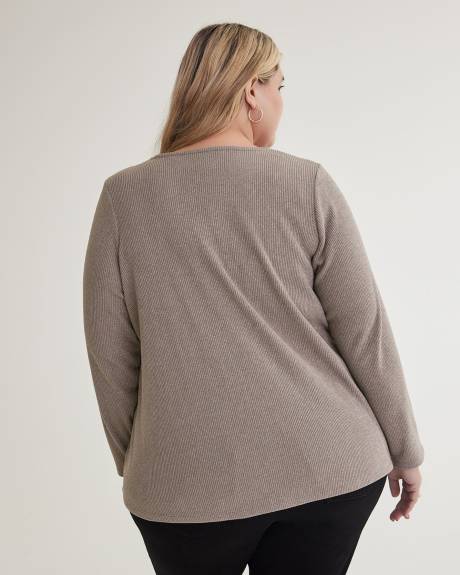 Ribbed Knit Top with Zippered V-Neck