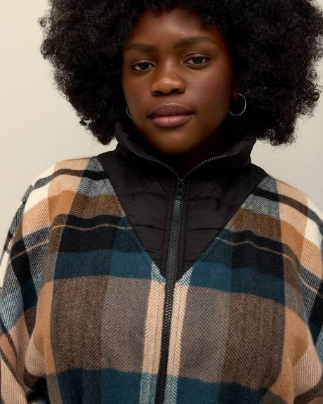 Puffer-Neck Belted Plaid Cape with Front Zipper