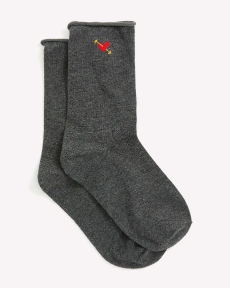 Jacquard Crew Socks with Heart Placement Print