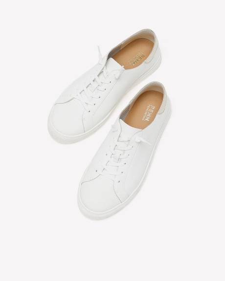 Extra Wide Width, White Leather Elastic Lace-Up Sneakers