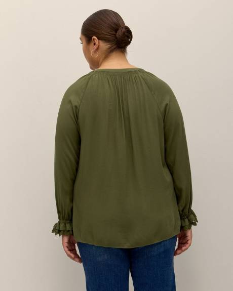 Long-Sleeve A-Line Blouse with Split Neckline