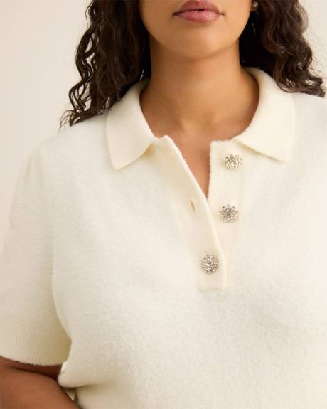 Plush Short-Sleeve Polo Sweater with Fancy Buttons