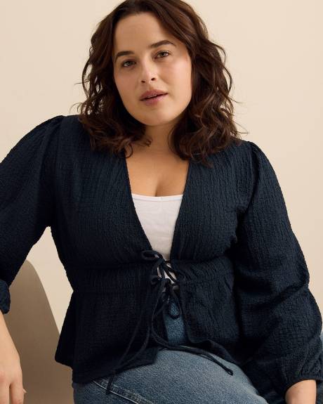 Textured Front-Tie Long-Sleeve Top