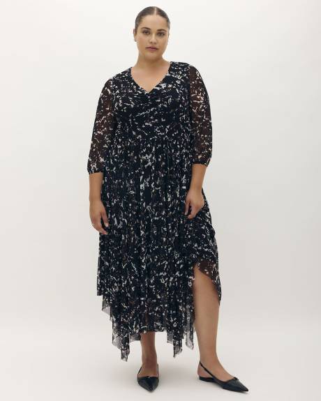 Mesh Printed Midi Dress with Asymetrical Hem - Addition Elle