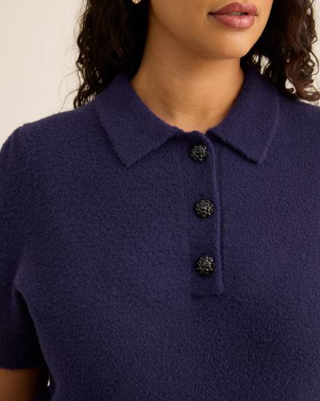 Plush Short-Sleeve Polo Sweater with Fancy Buttons