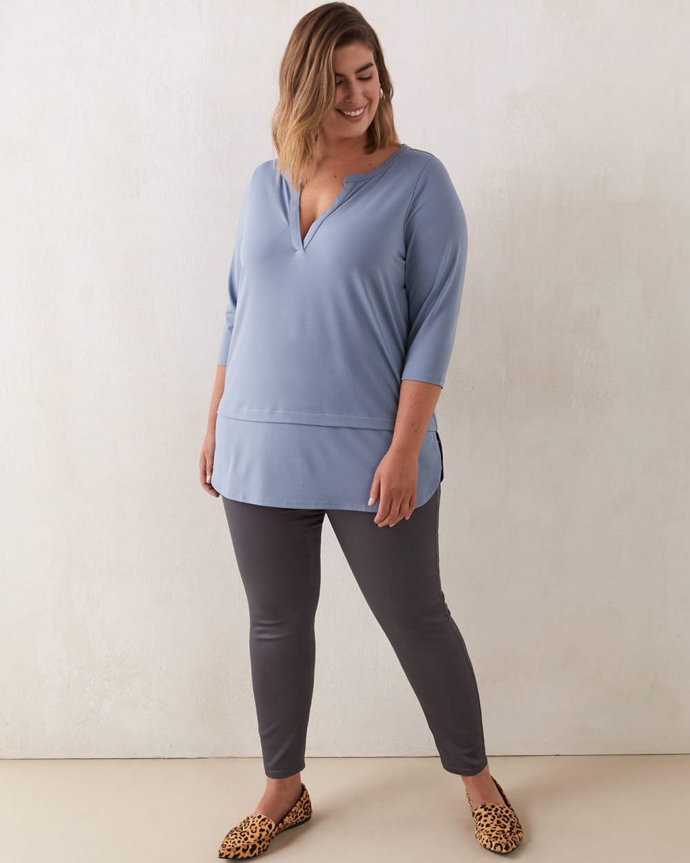Solid Crepe Popover Tunic With 3/4 Sleeves In Every Story Penningtons