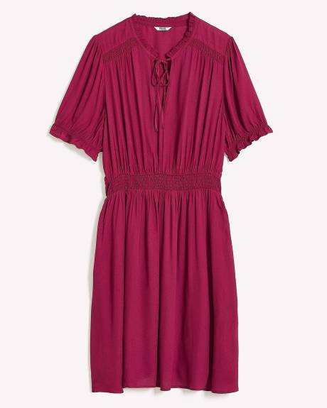 Fit and Flare Woven Dress with Short Balloon Sleeves