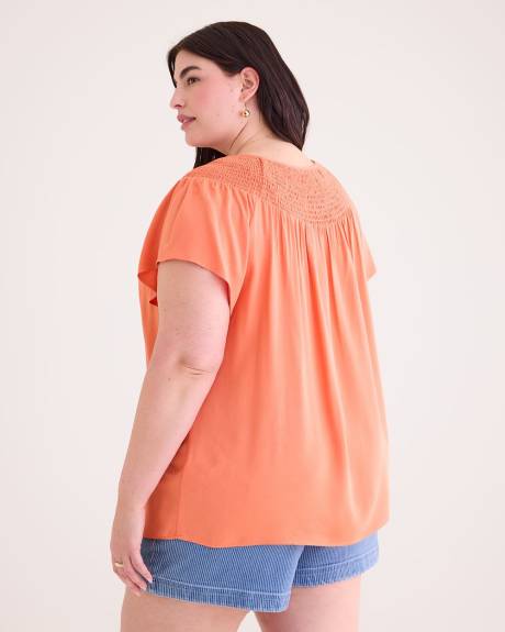 Short Sleeve Blouse with Smocked Neckline
