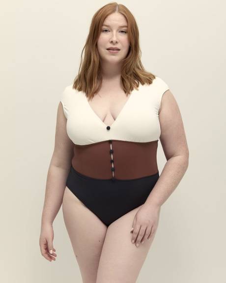 Cap-Sleeve Colourblock One-Piece Swim Suit - Bleu by Rod Beattie